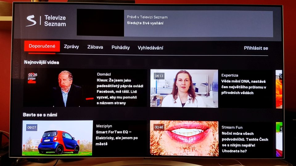 Úvodní obrazovka portálu Televize Seznam