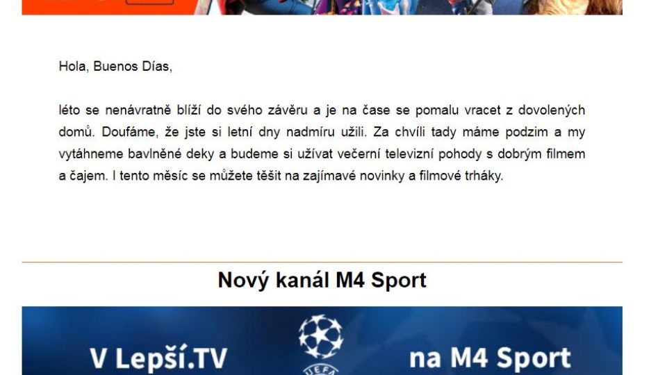 Newsletter služby Lepší.TV, který mimo jiné lákal na přenosy z fotbalové Ligy mistrů UEFA
