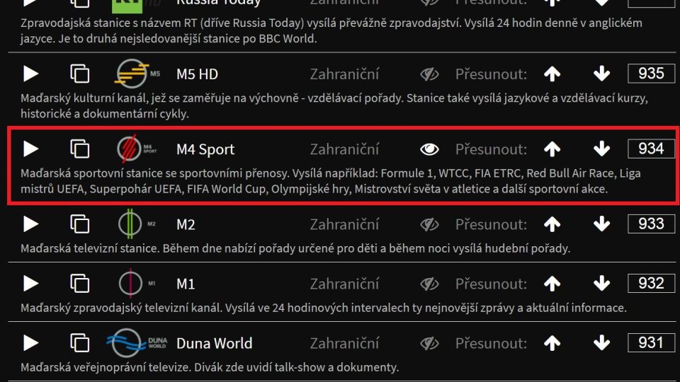 Popisek kanálu M4 Sport v programovém rastru Lepší.TV
