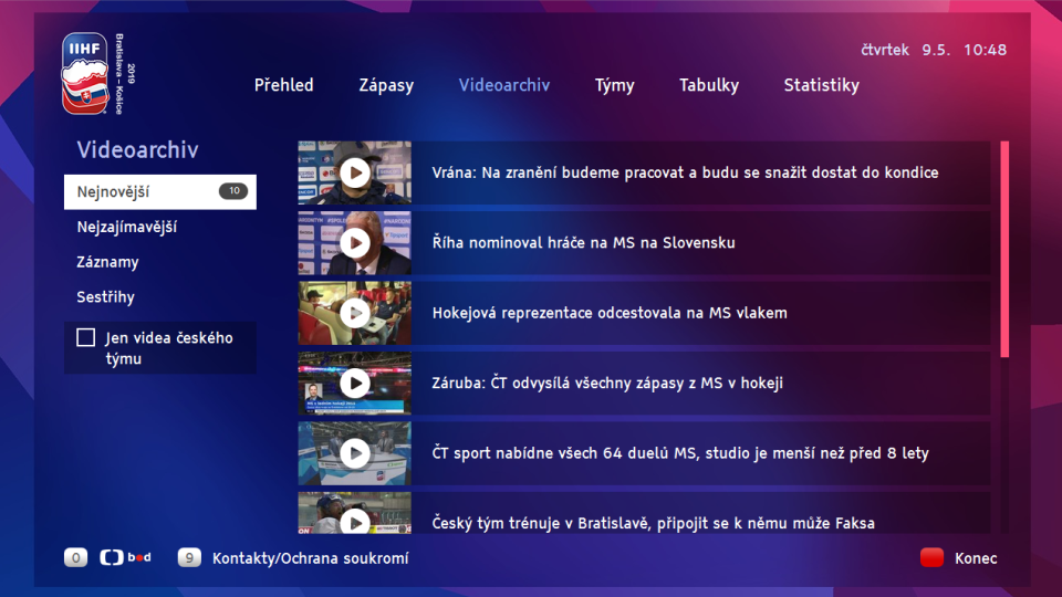 HbbTV aplikace České televize MS v hokeji 2019
